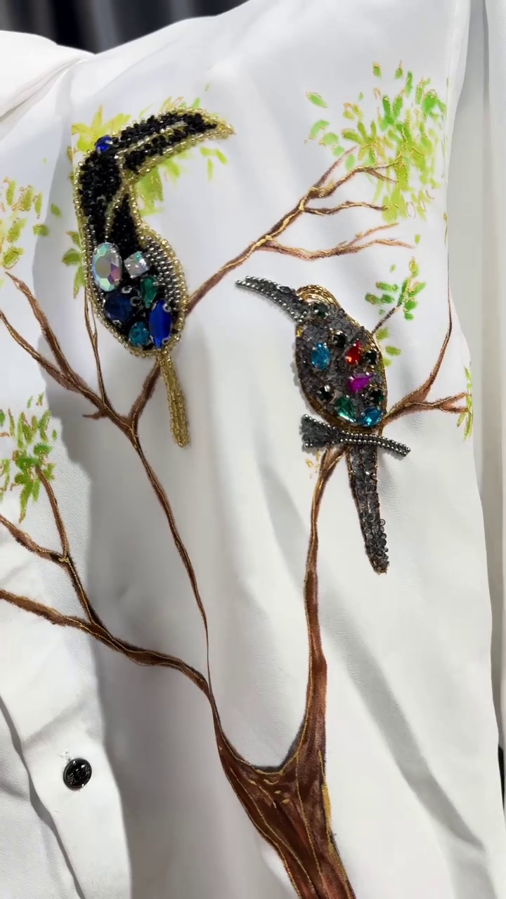 🕊️ Bird & Tree Embroidered Luxury Shirt – Art Meets Elegance 🌿✨