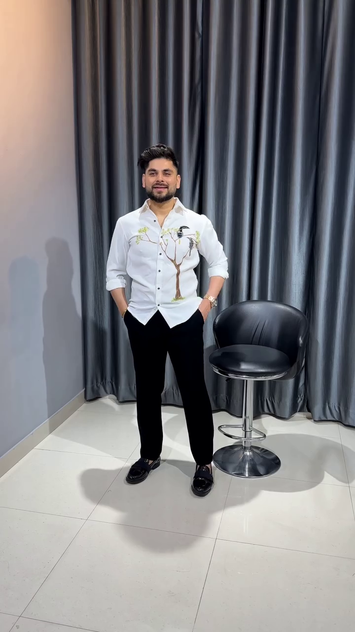 🕊️ Bird & Tree Embroidered Luxury Shirt – Art Meets Elegance 🌿✨