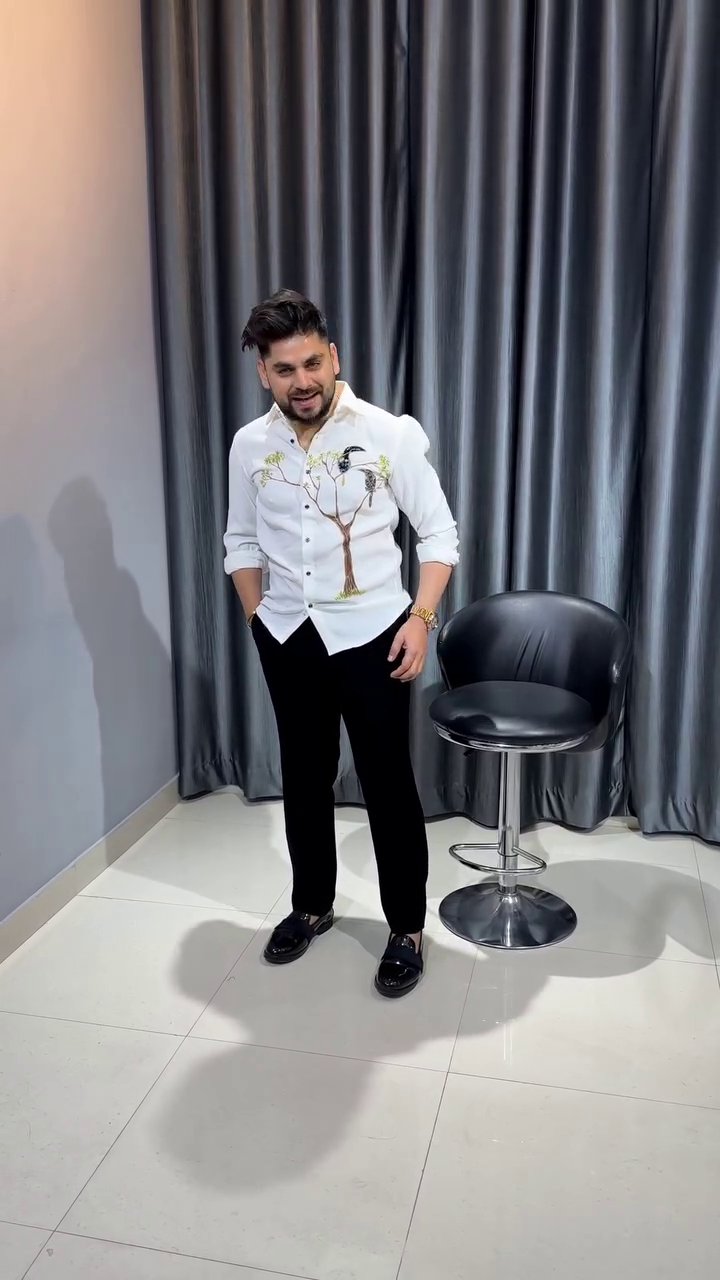 🕊️ Bird & Tree Embroidered Luxury Shirt – Art Meets Elegance 🌿✨