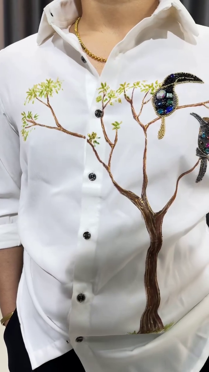 🕊️ Bird & Tree Embroidered Luxury Shirt – Art Meets Elegance 🌿✨