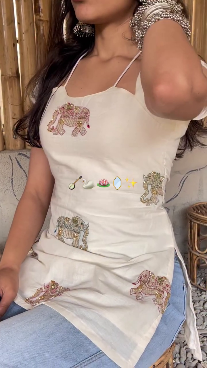 ✨ Royal Ivory Elephant Motif Designer Kurti ✨