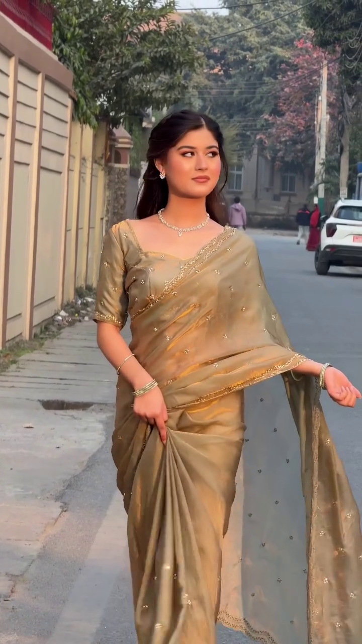 🤎 Olive Gold Saree with Subtle Sparkle