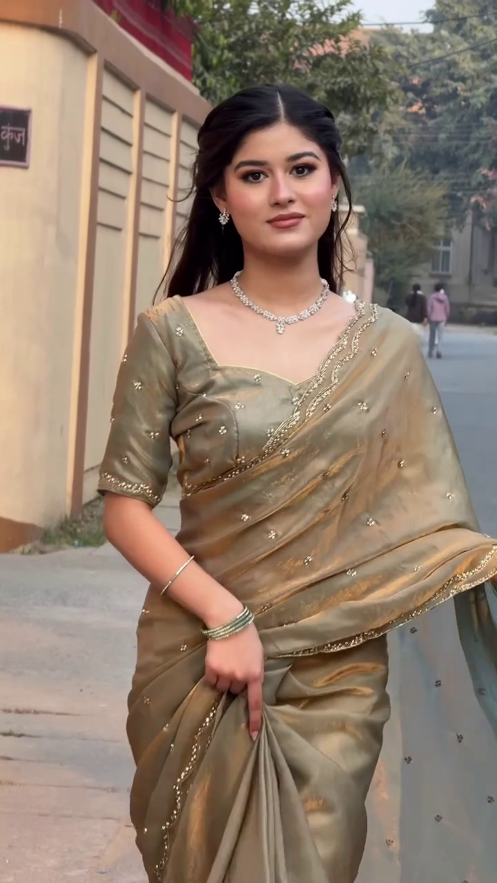 🤎 Olive Gold Saree with Subtle Sparkle