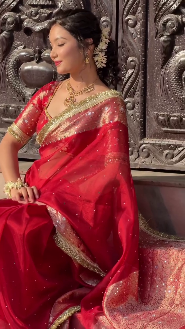 ❤️ Red Festive Saree with Gold Border