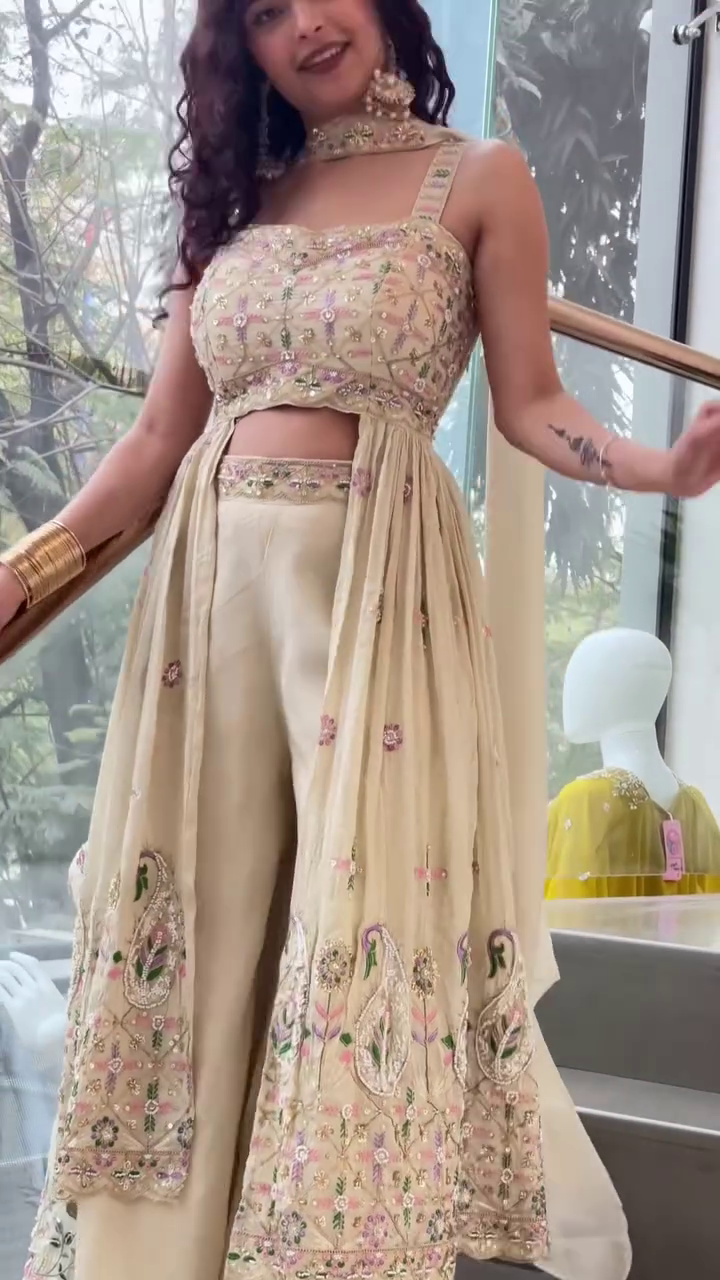 Elegant Ivory Embroidered Crop Top & Palazzo Set