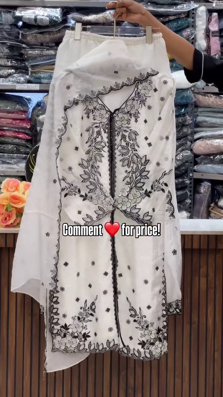 White and Black Embroidered Suit Set