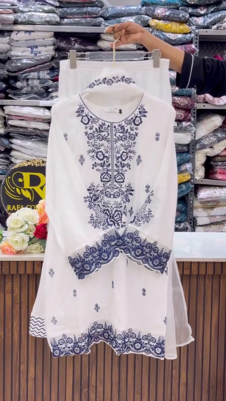 Women’s White Embroidered Chiffon Kurti