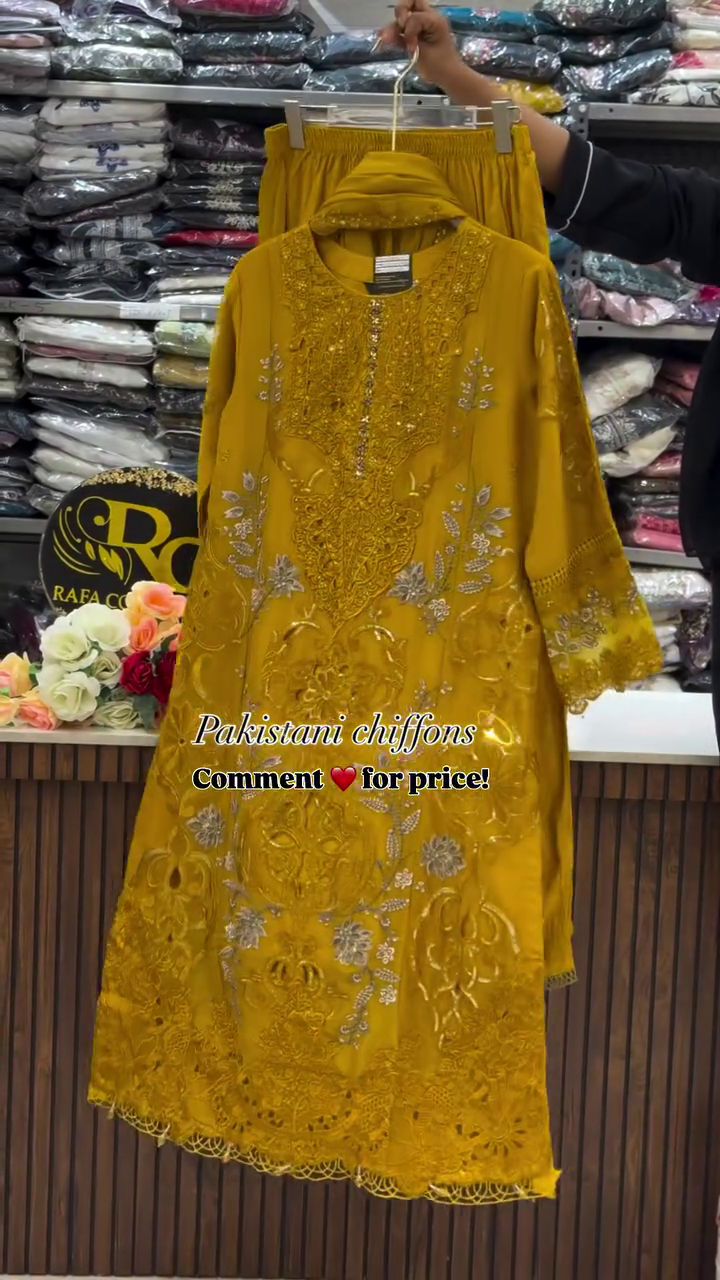 Women’s Mustard Embroidered Chiffon Kurti Set