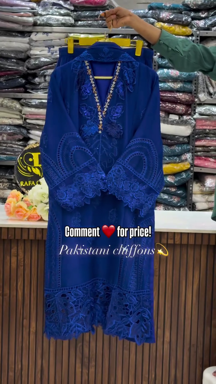 Women’s Royal Blue Embroidered Chiffon Kurti