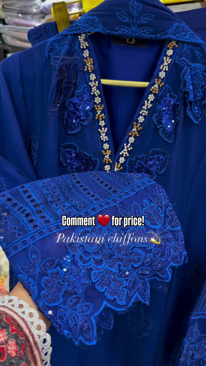 Women’s Royal Blue Embroidered Chiffon Kurti