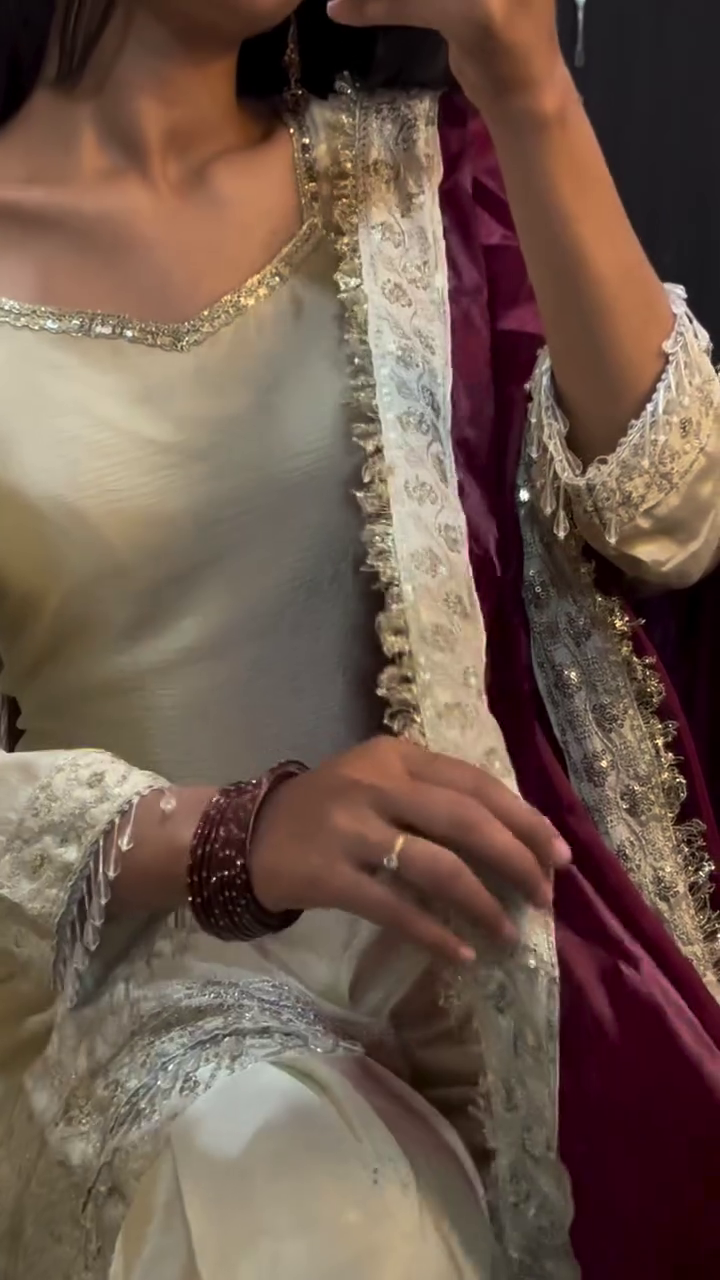 Ivory Embroidered Kurti with Sharara and Dupatta