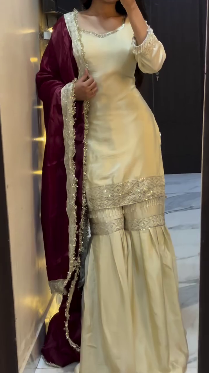 Ivory Embroidered Kurti with Sharara and Dupatta