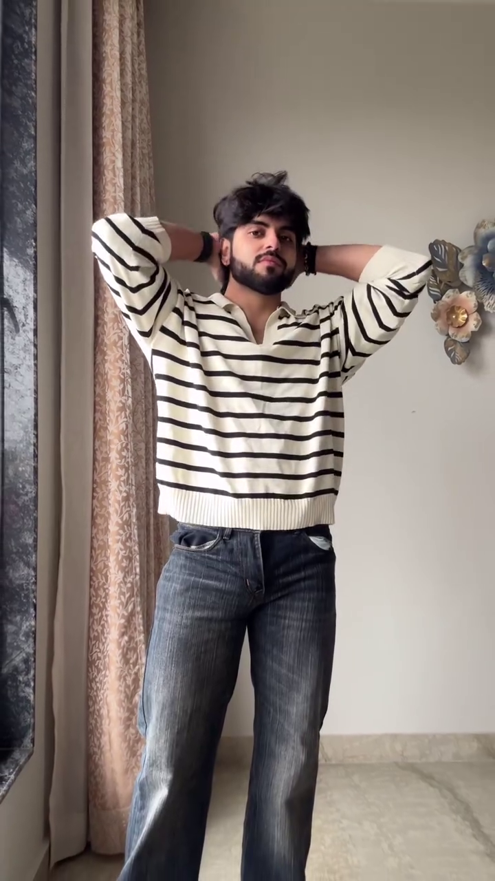 Relaxed Fit Striped Knit Polo Shirt