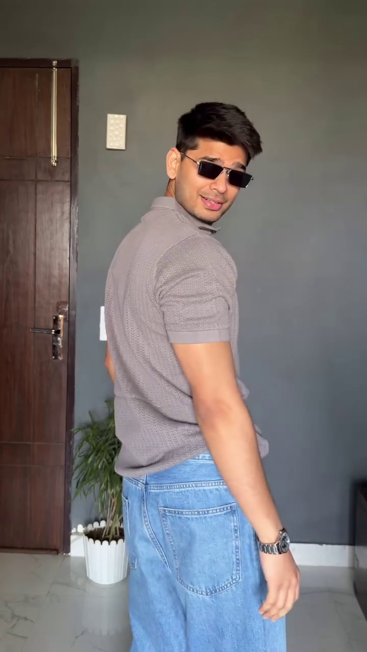 Men’s Brown Zip Polo T-Shirt with Classic Blue Denim