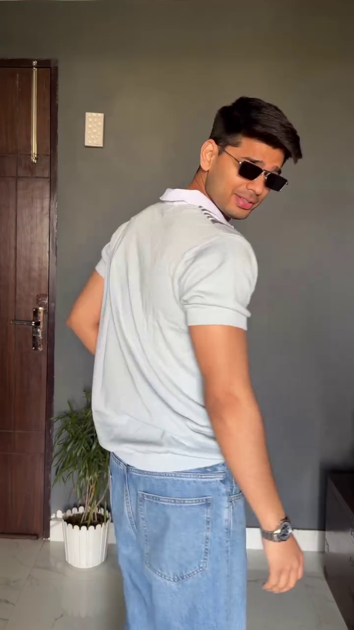 Men’s Brown Zip Polo T-Shirt with Classic Blue Denim