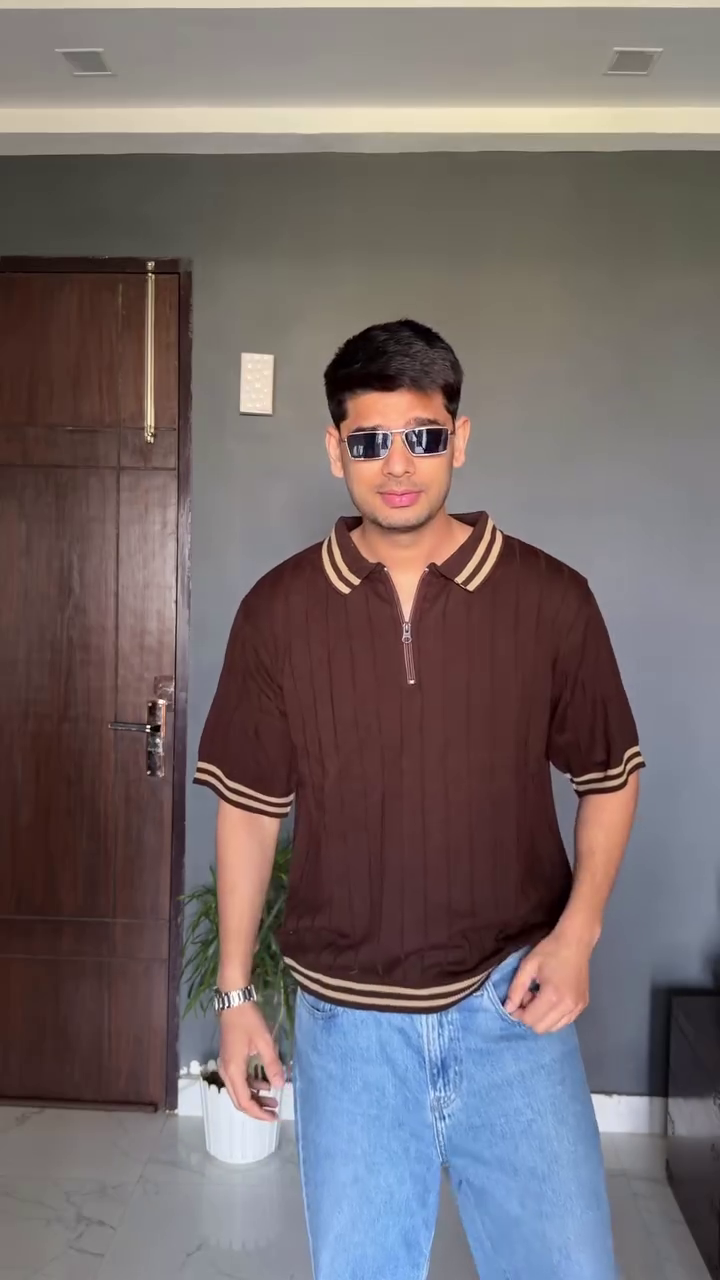 Men’s Brown Zip Polo T-Shirt with Classic Blue Denim