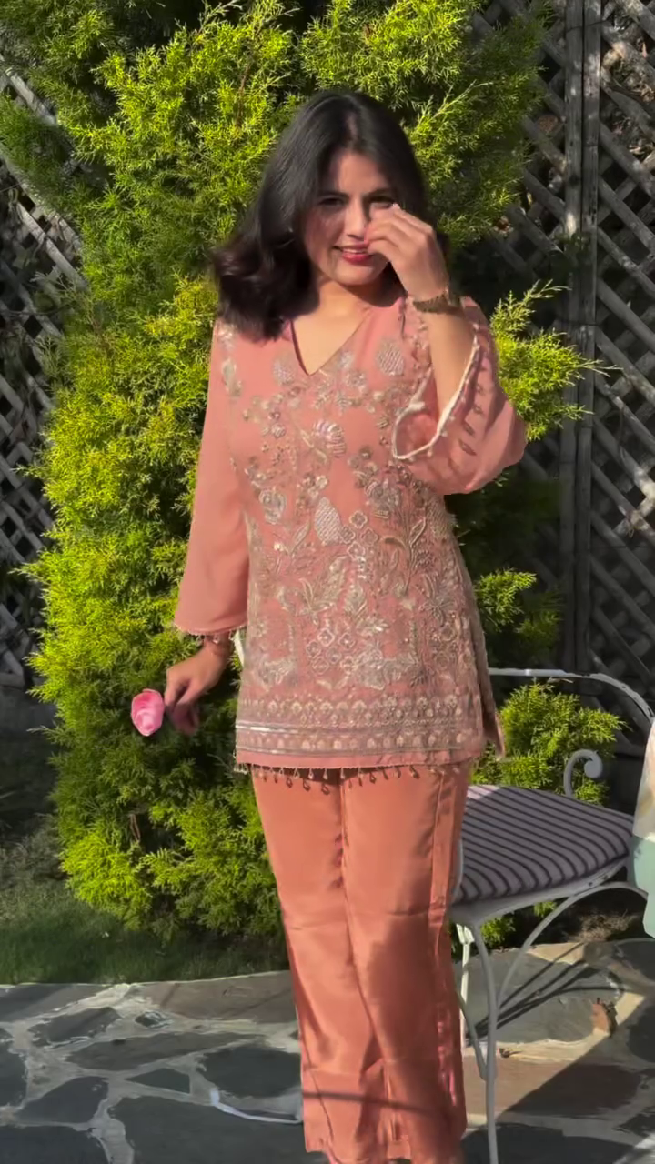 Peach Embroidered Kurta Set with Elegant Detailing