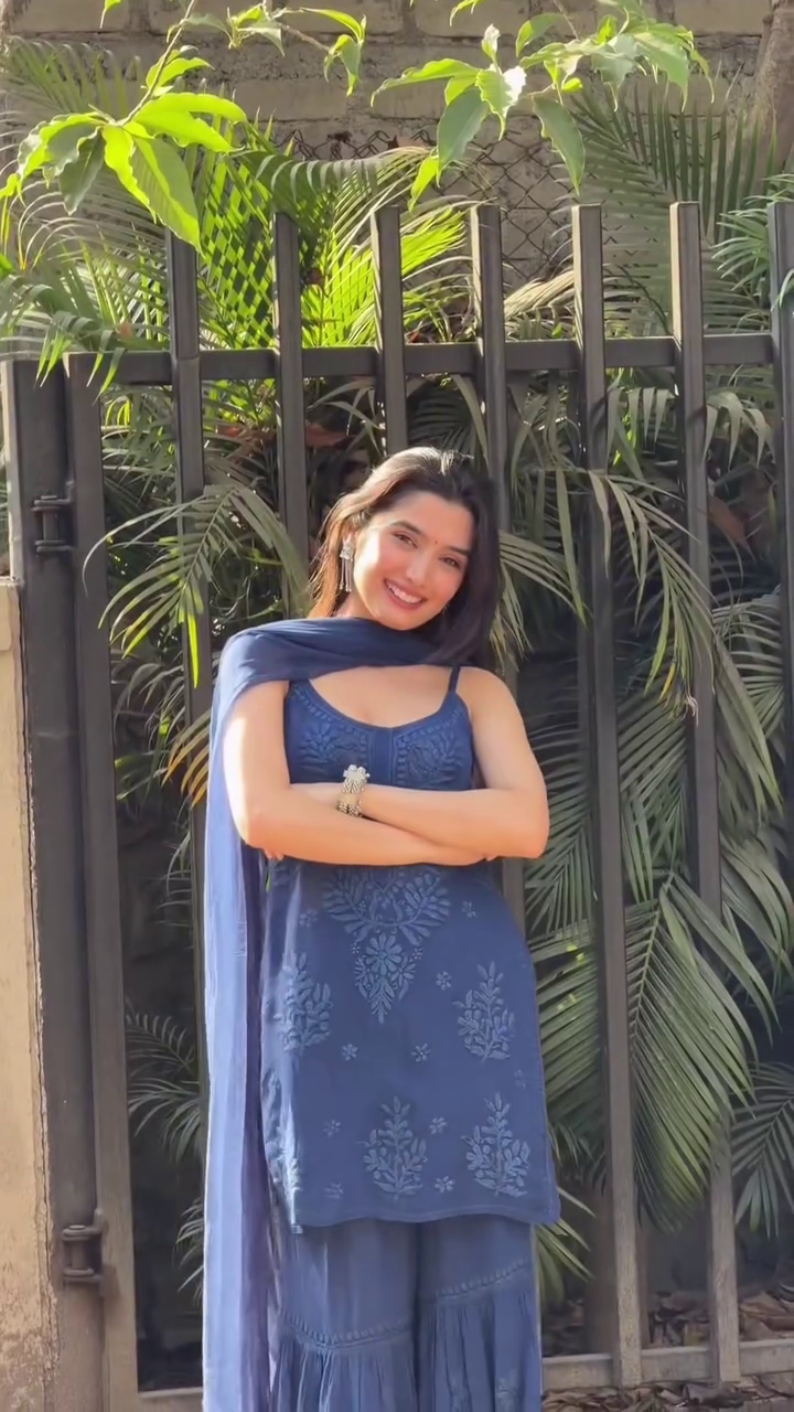 Navy Blue Embroidered Kurta with Flowing Sharara and Dupatta