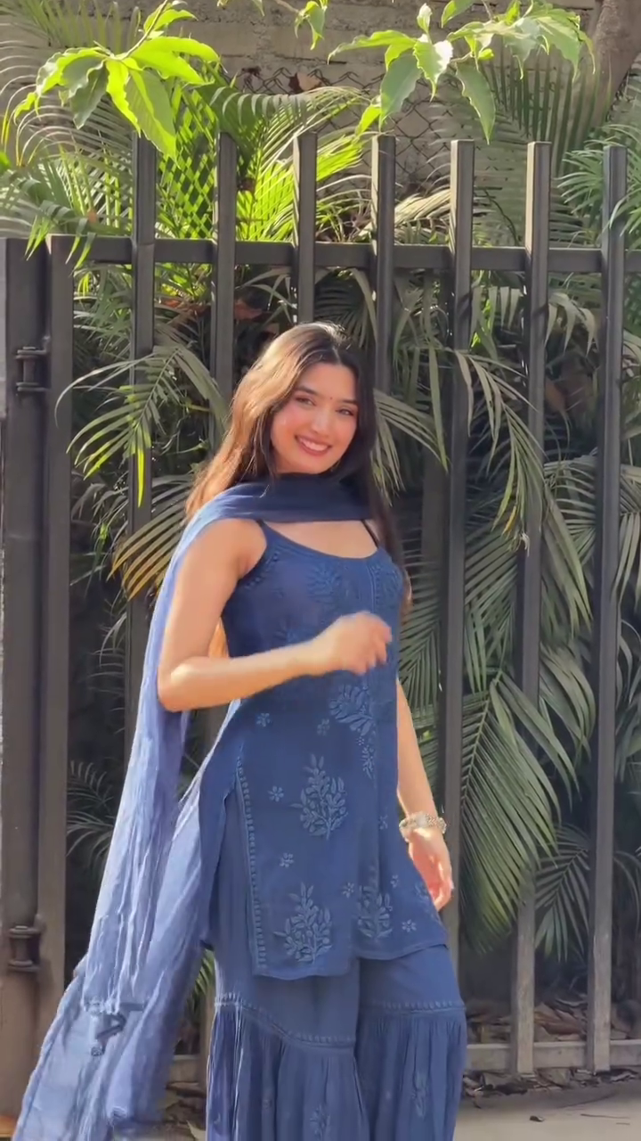 Navy Blue Embroidered Kurta with Flowing Sharara and Dupatta