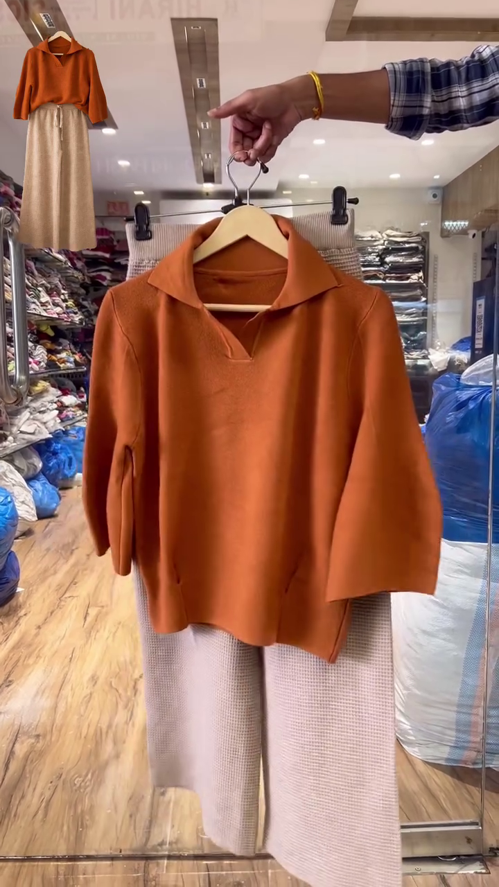 Rust Collared Top with Textured Wide Pants