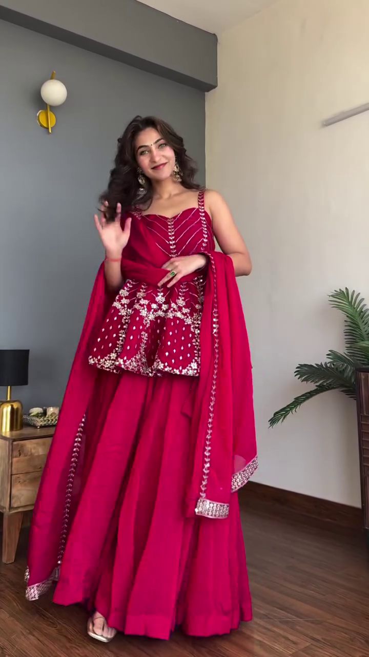 Red Embroidered Lehenga Set