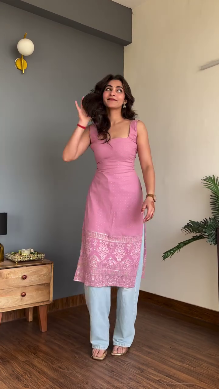 Pink Sleeveless Kurti with Denim