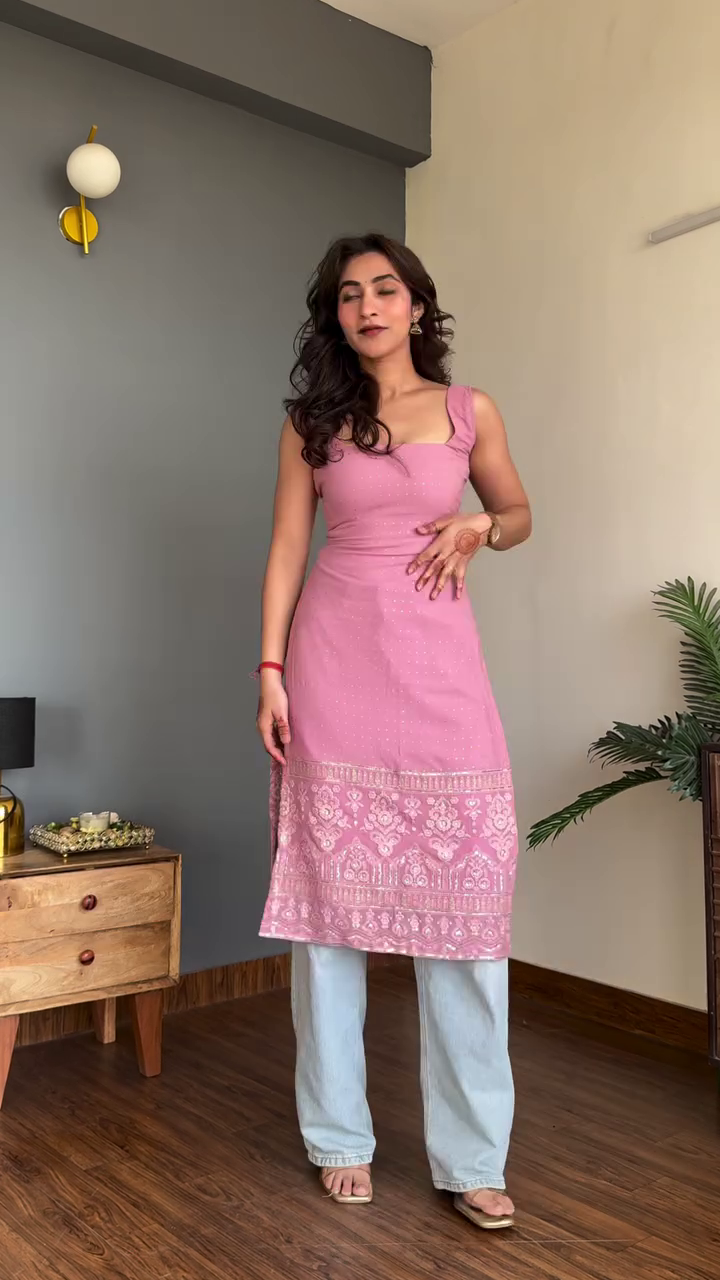 Pink Sleeveless Kurti with Denim