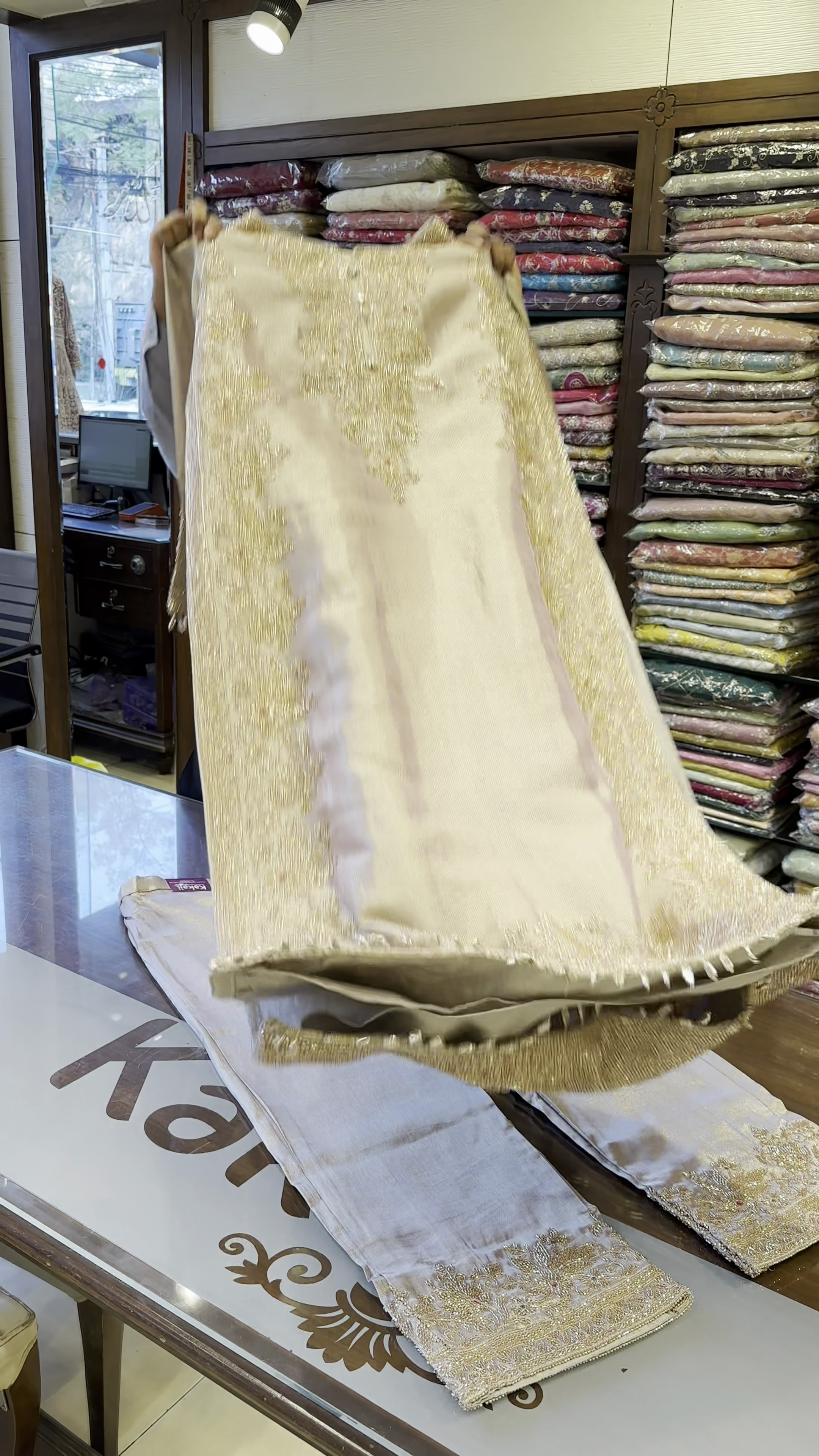 Beige Heavy Embroidered Straight Suit