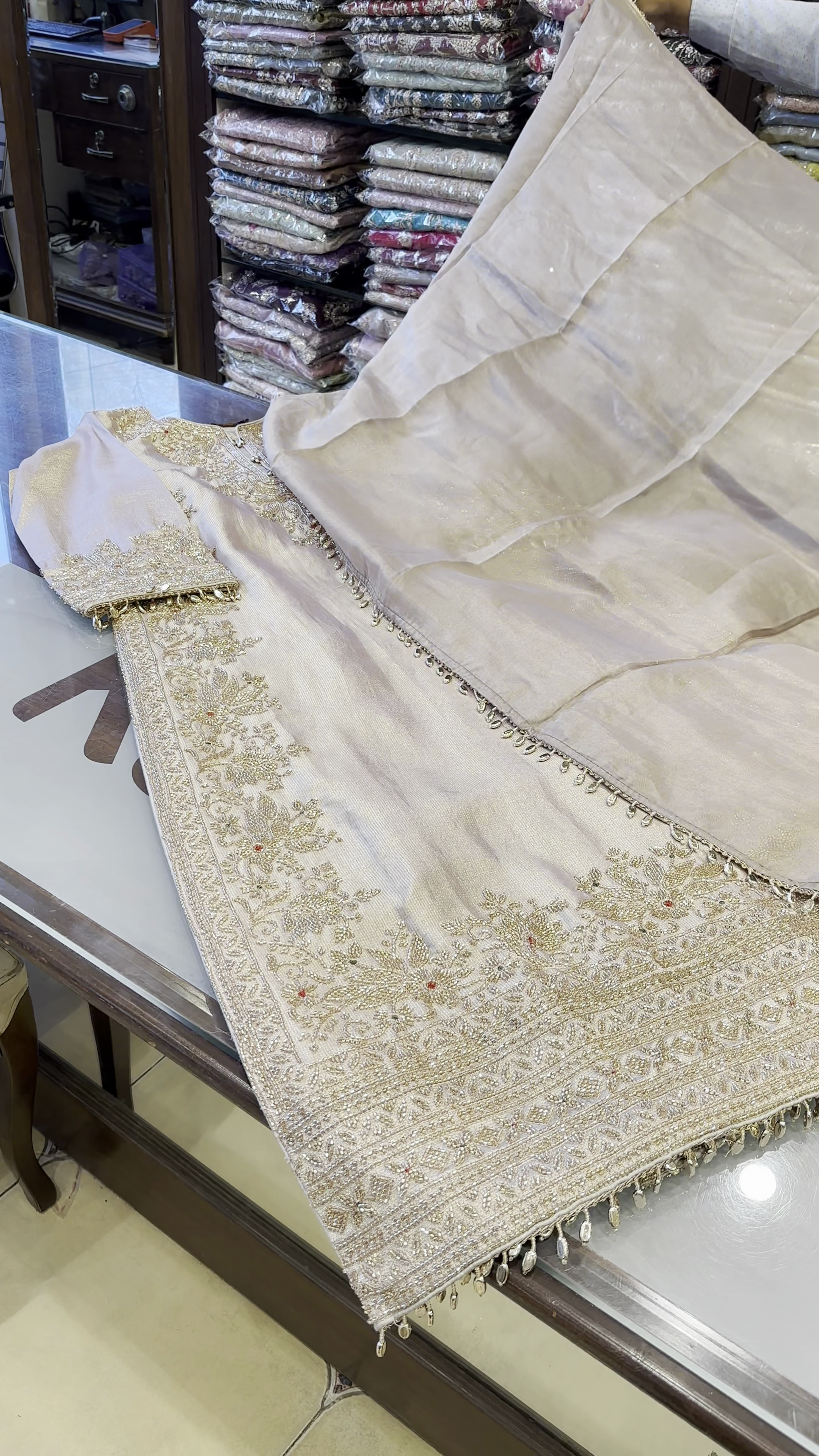 Beige Heavy Embroidered Straight Suit