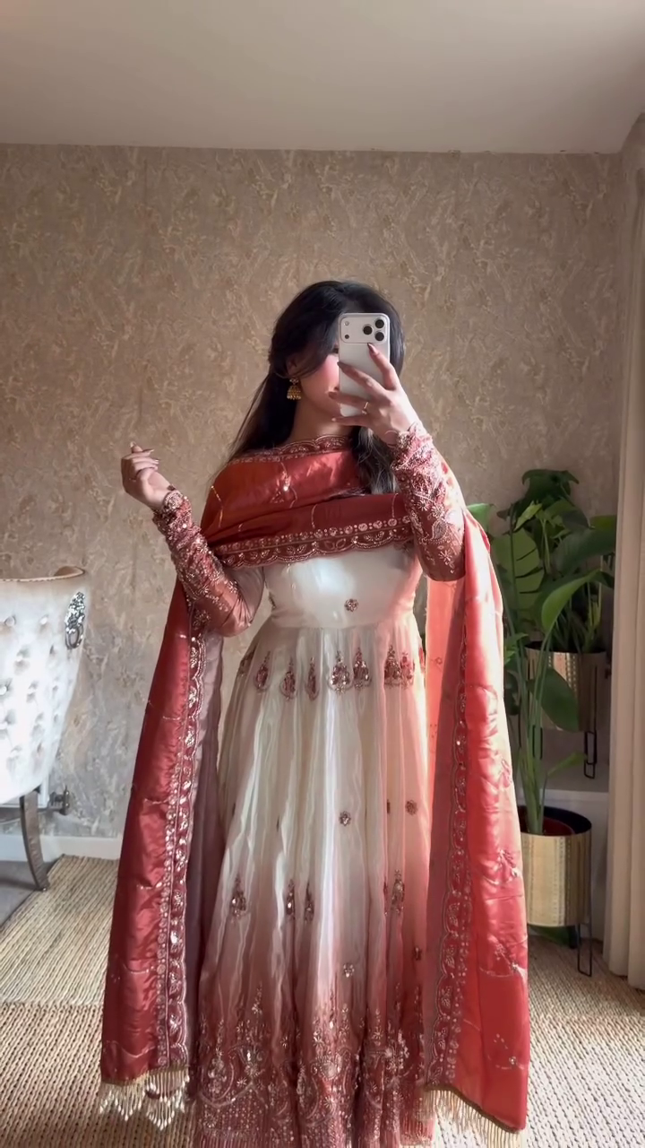 Ivory Anarkali with Rust Dupatta
