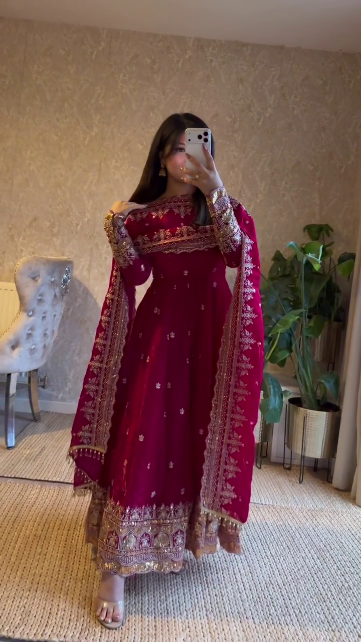 Ivory Anarkali with Rust Dupatta