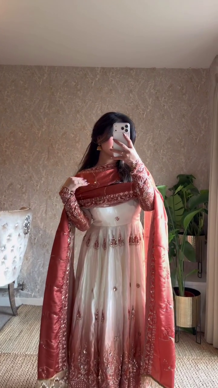 Ivory Anarkali with Rust Dupatta