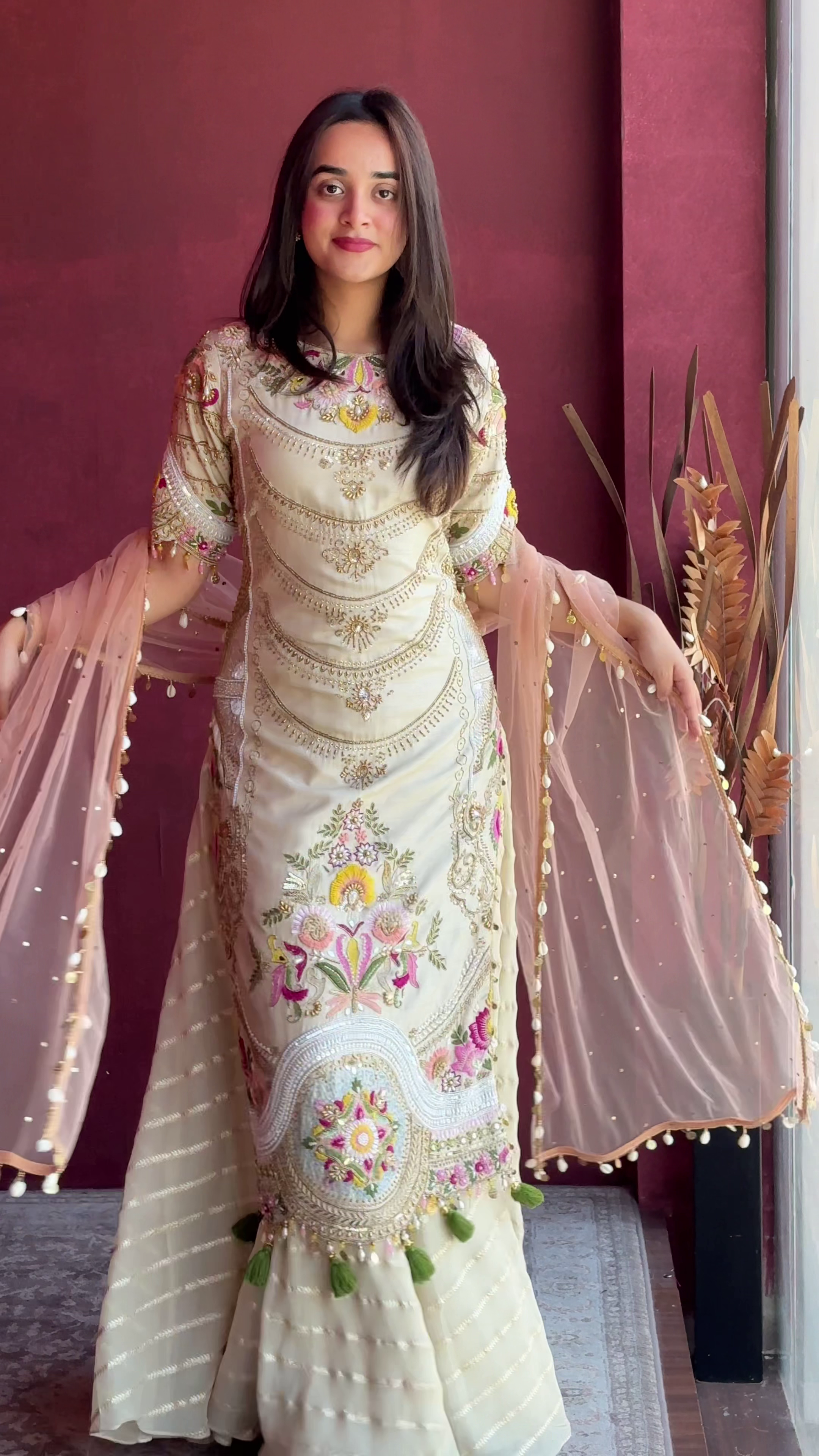 Cream Floral Embroidered Festive Lehenga Set