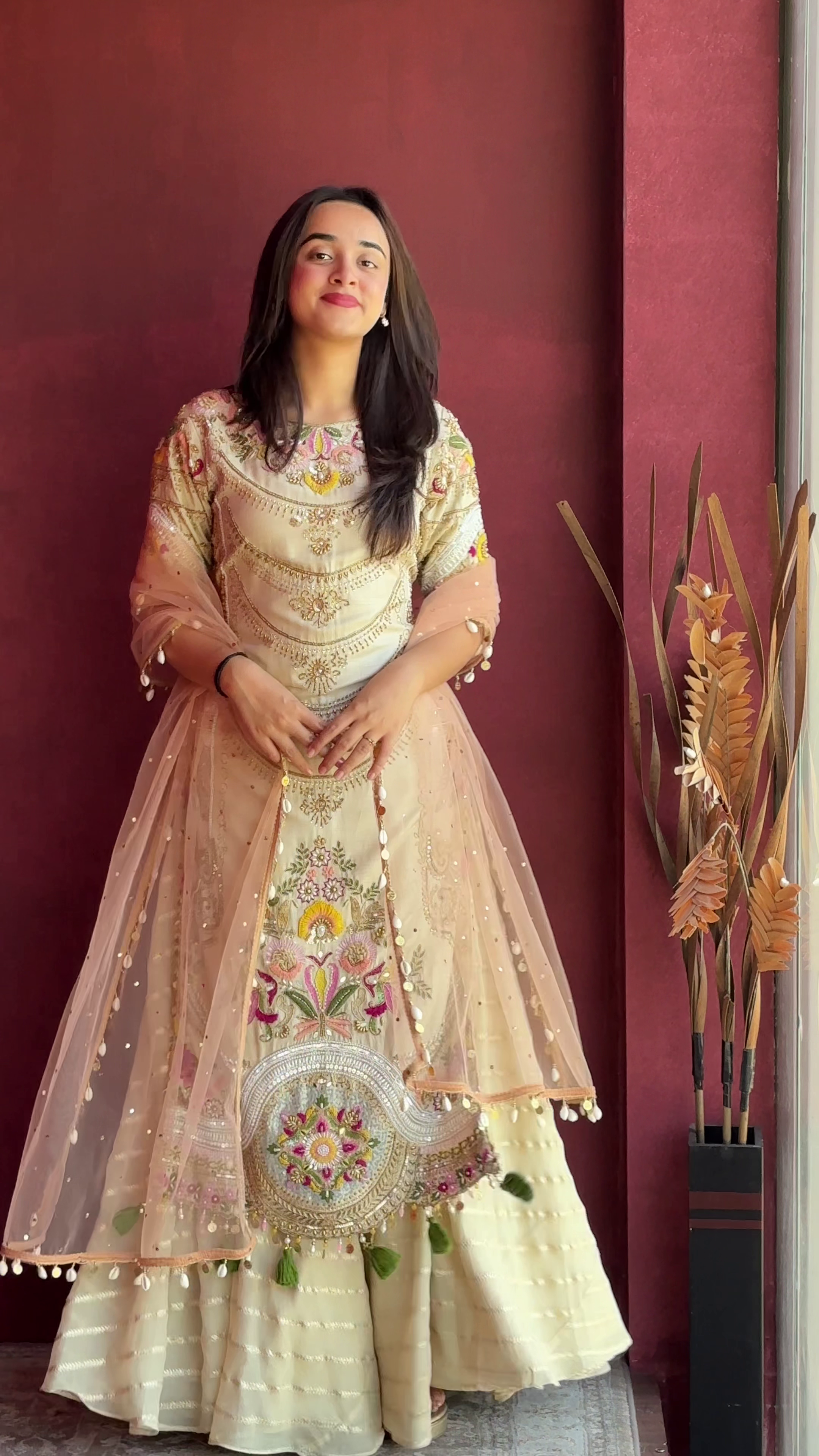 Cream Floral Embroidered Festive Lehenga Set