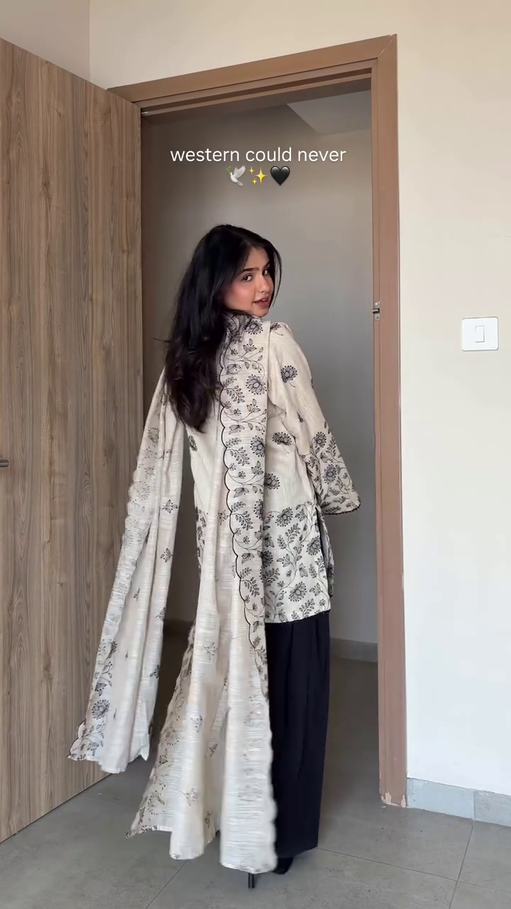 Beige Printed Kurta with Black Palazzo Set