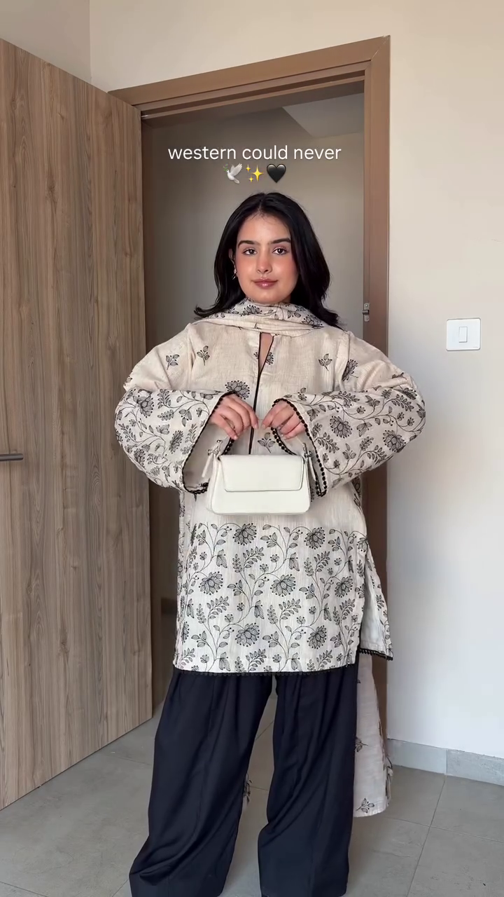 Beige Printed Kurta with Black Palazzo Set