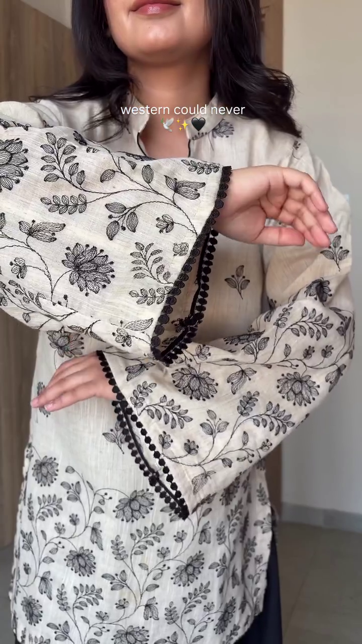 Beige Printed Kurta with Black Palazzo Set