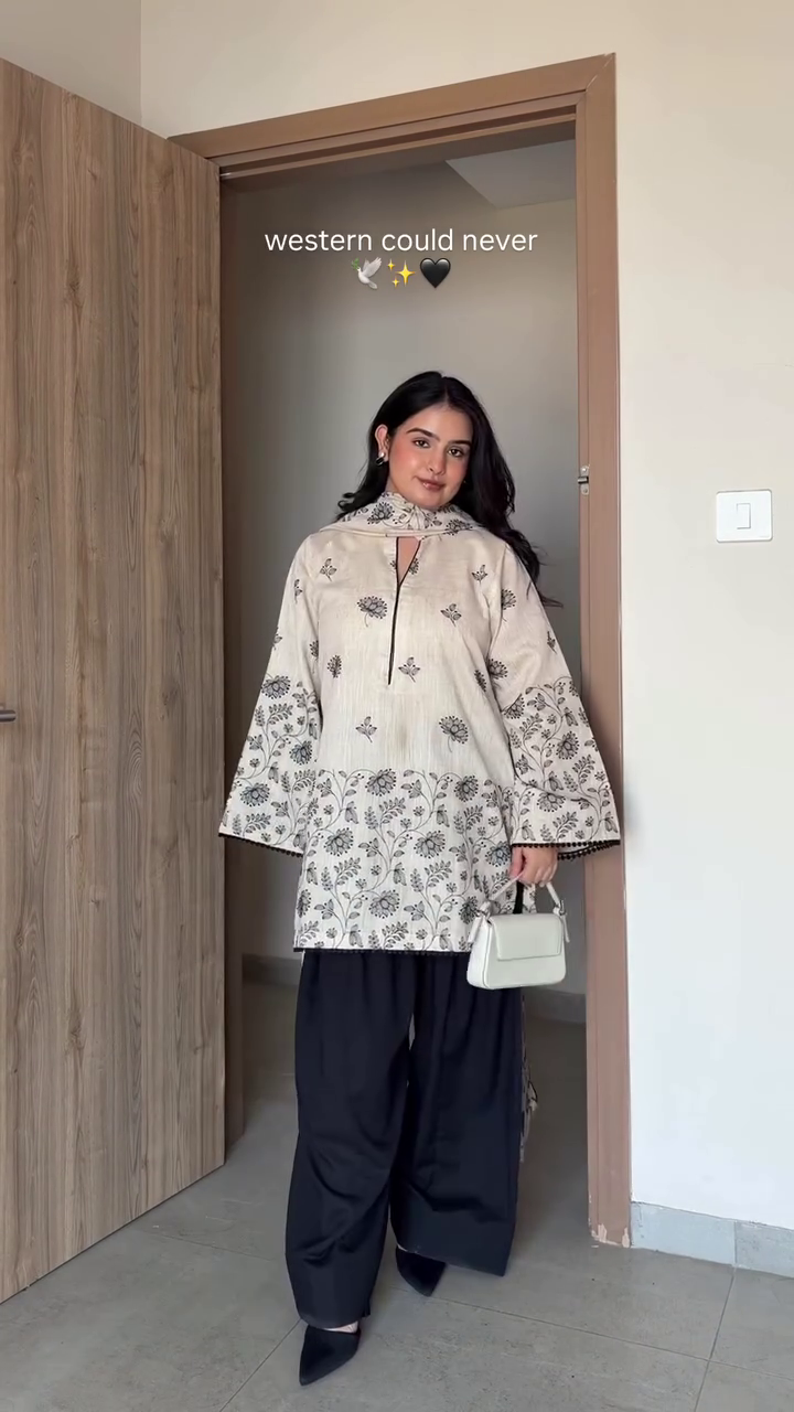 Beige Printed Kurta with Black Palazzo Set