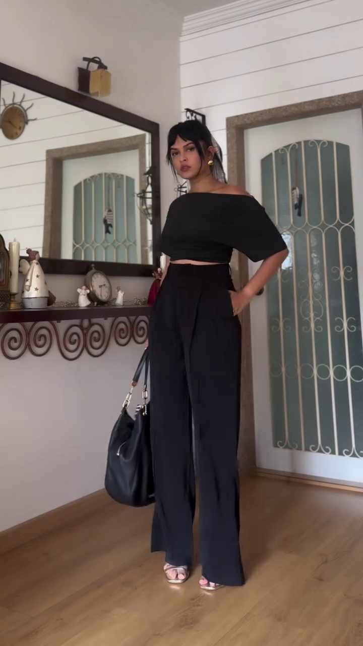 Black Halter Neck Top with Grey Trousers