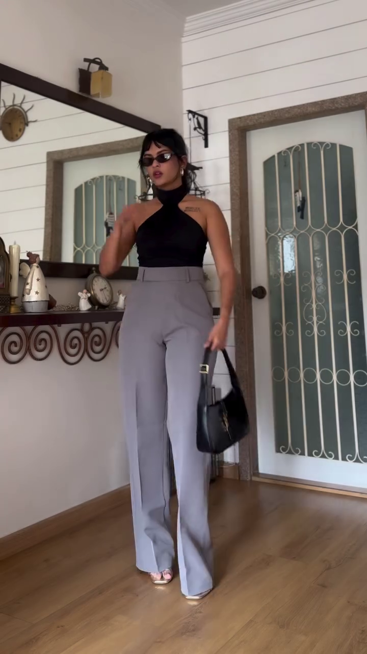 Black Halter Neck Top with Grey Trousers