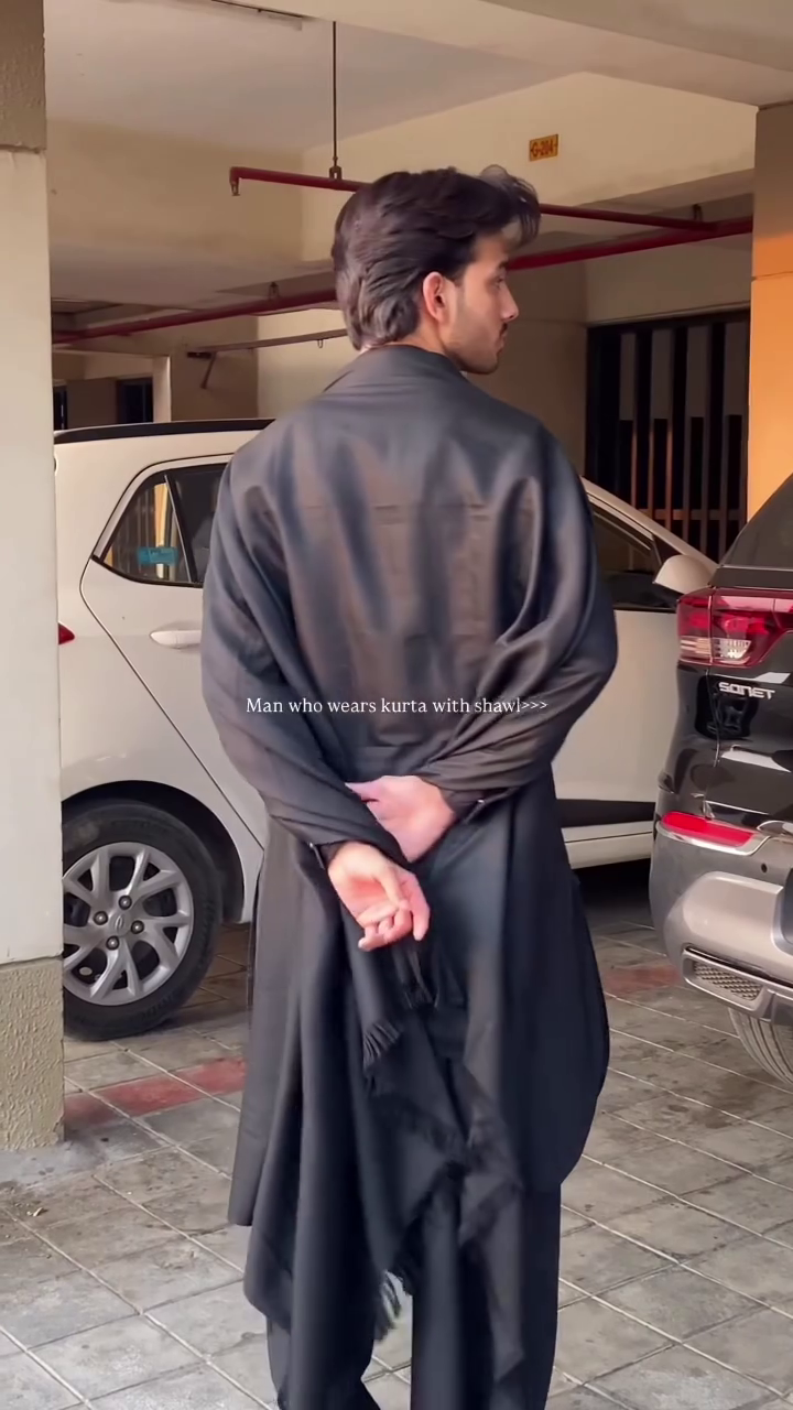 Classic Black Kurta with Elegant Draped Shawl