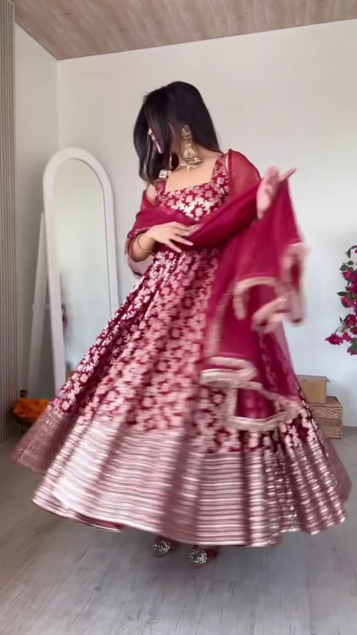 Maroon Floral Banarasi Style Lehenga Set