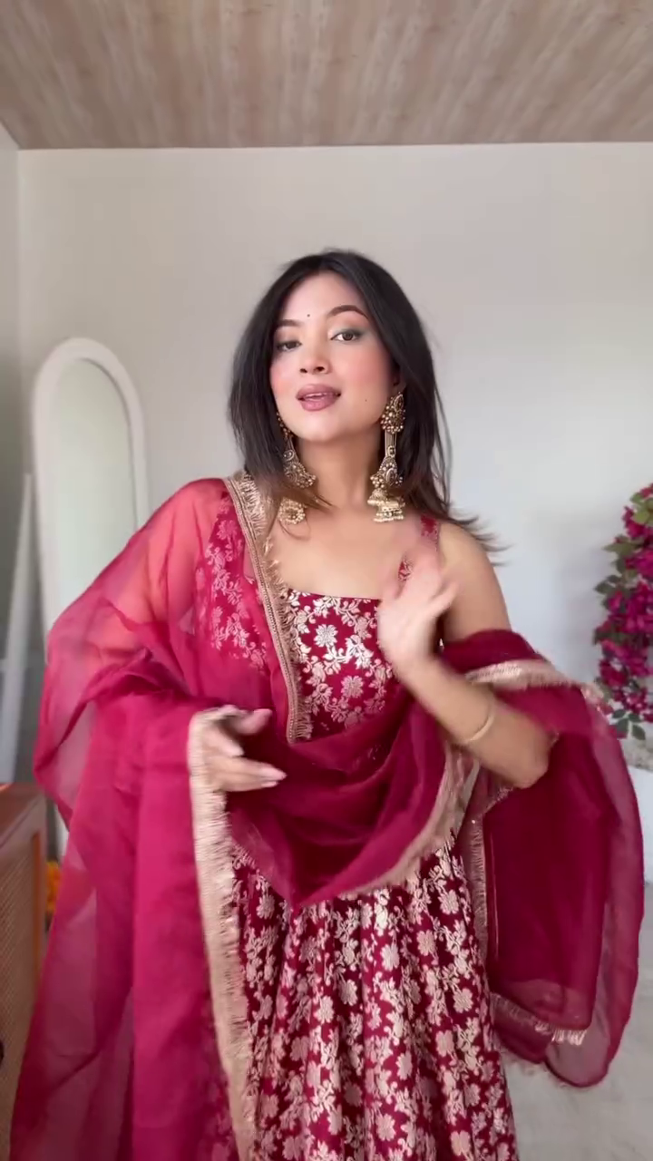 Maroon Floral Banarasi Style Lehenga Set