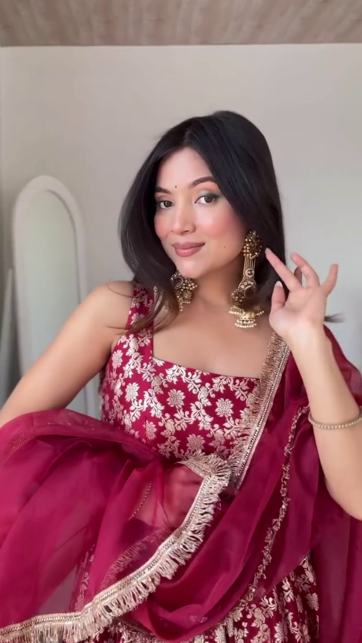 Maroon Floral Banarasi Style Lehenga Set