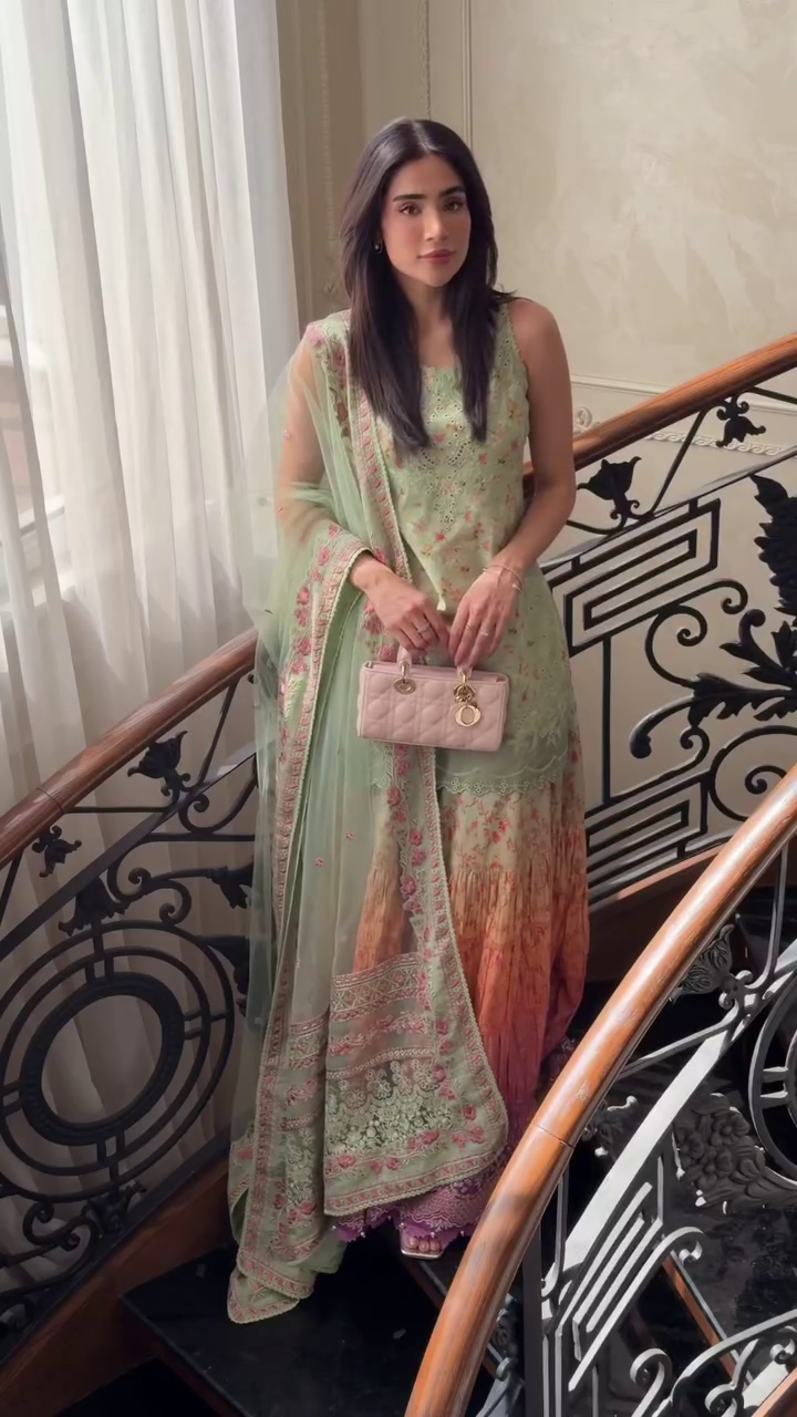 Pastel Embroidered Kurta with Floral Ombre Sharara Set