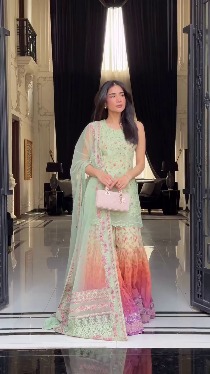 Pastel Embroidered Kurta with Floral Ombre Sharara Set