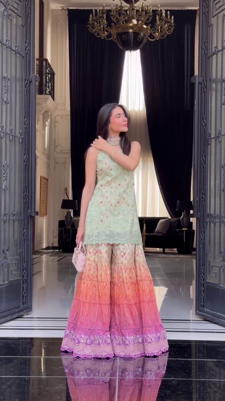 Pastel Embroidered Kurta with Floral Ombre Sharara Set
