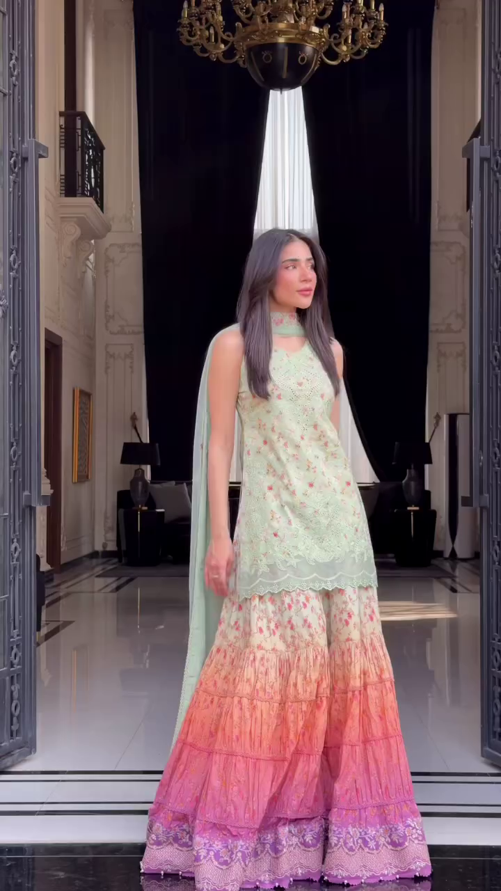 Pastel Embroidered Kurta with Floral Ombre Sharara Set