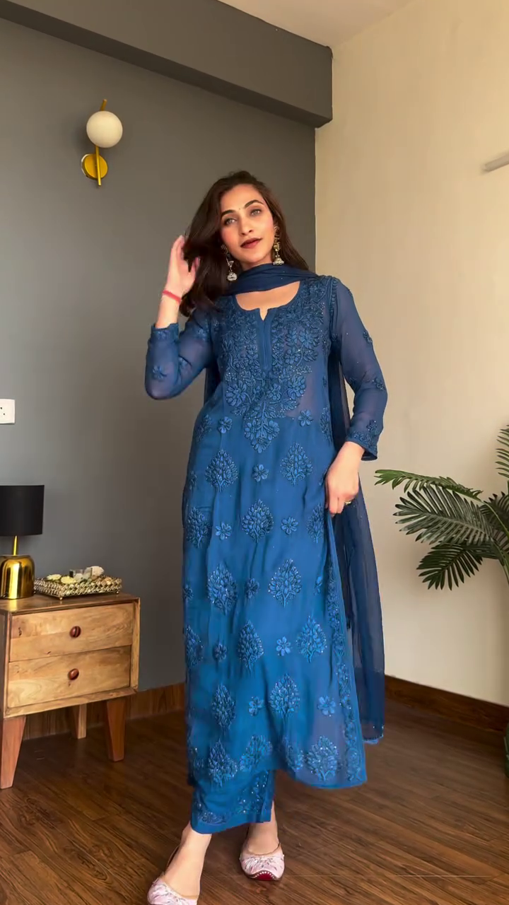 Classic Embroidered Blue Kurta Set with Dupatta