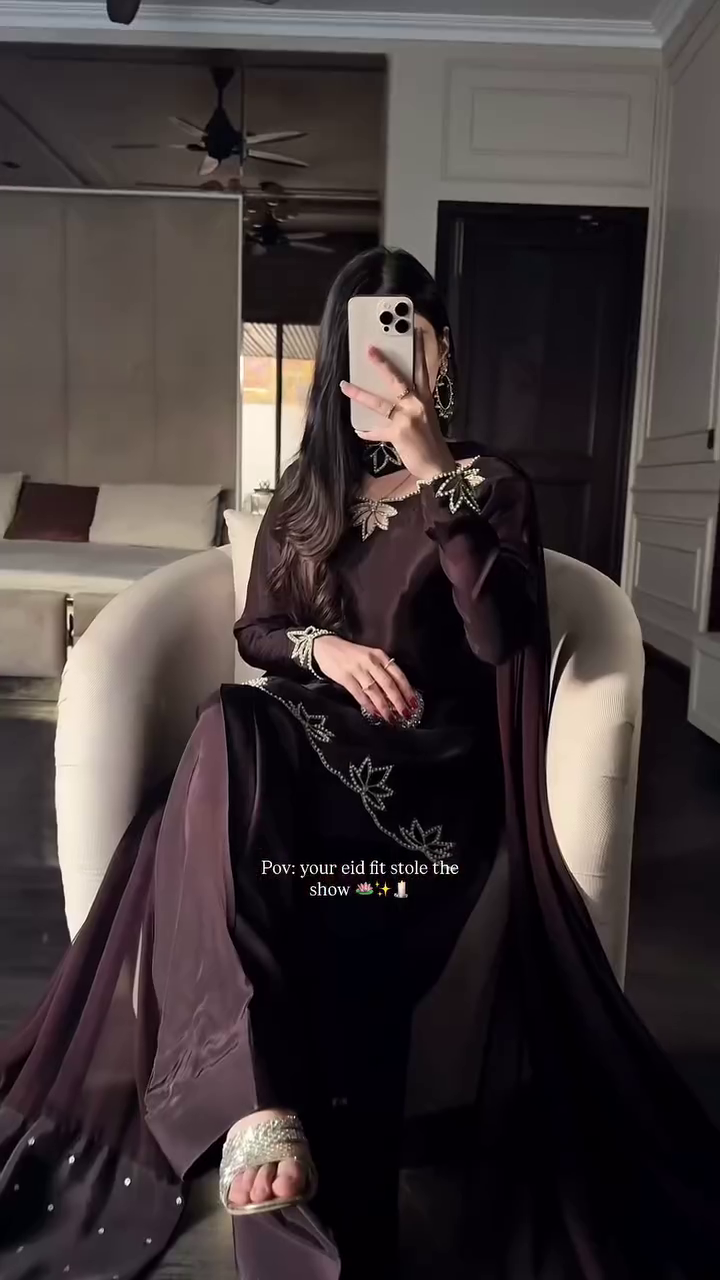 Chocolate Brown Satin Suit with Gold Leaf Embroidery